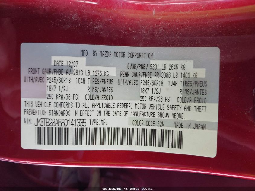 2008 Mazda Cx-9 Sport VIN: JM3TB28A680141335 Lot: 43667109