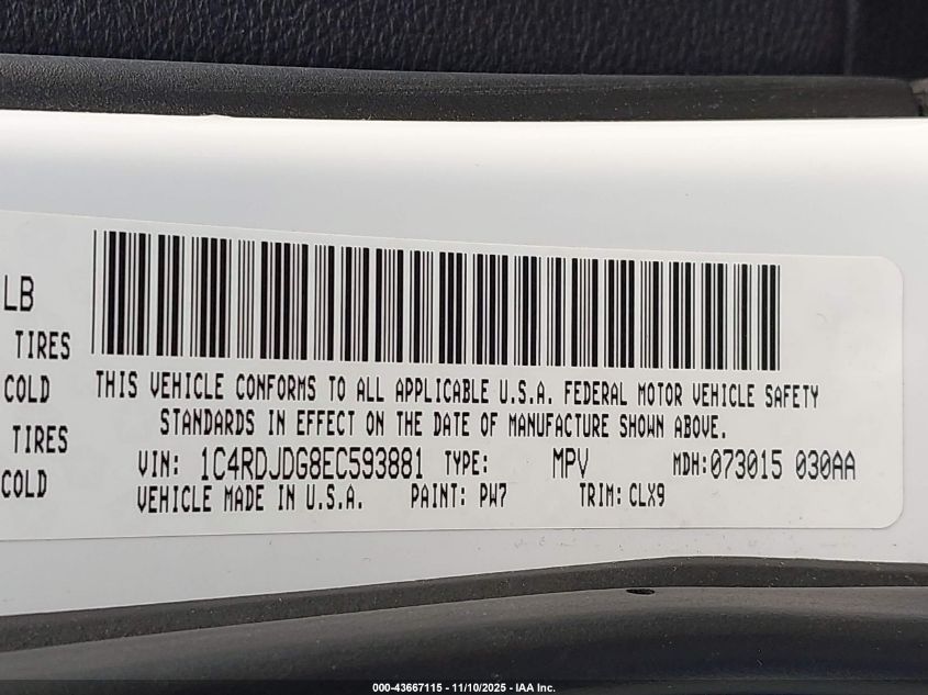 2014 Dodge Durango Limited VIN: 1C4RDJDG8EC593881 Lot: 43667115