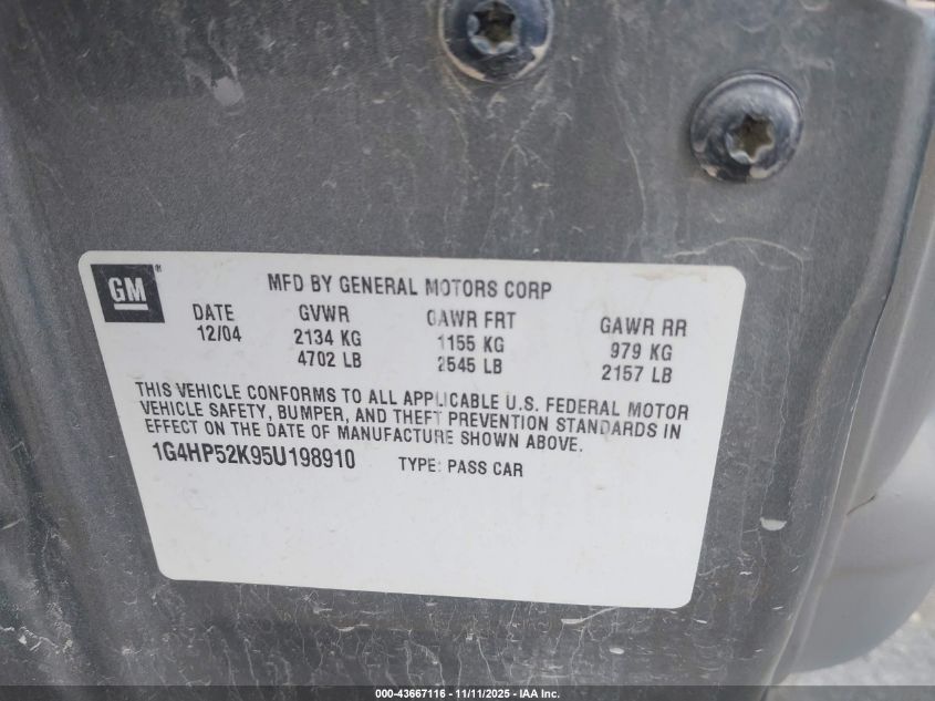 2005 Buick Lesabre Custom VIN: 1G4HP52K95U198910 Lot: 43667116