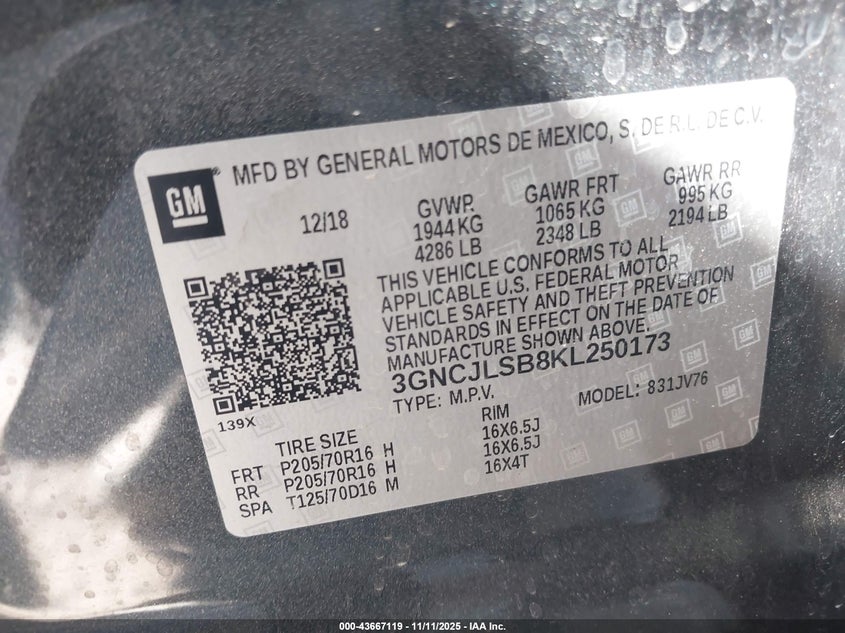 2019 CHEVROLET TRAX LT - 3GNCJLSB8KL250173