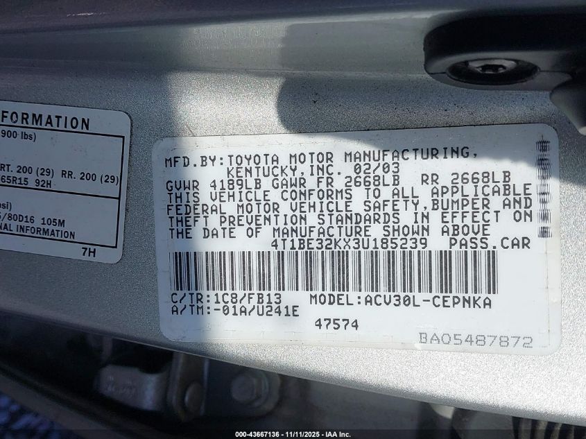 2003 Toyota Camry Le VIN: 4T1BE32KX3U185239 Lot: 43667136