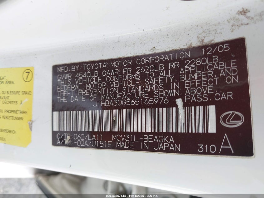 JTHBA30G565165976 2006 LEXUS ES photo no. 9
