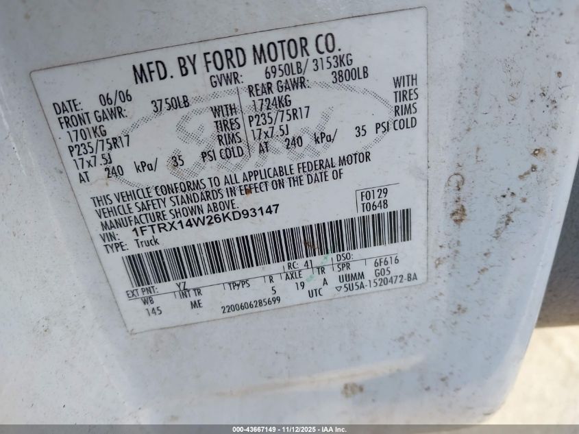 2006 Ford F-150 Stx/Xl/Xlt VIN: 1FTRX14W26KD93147 Lot: 43667149