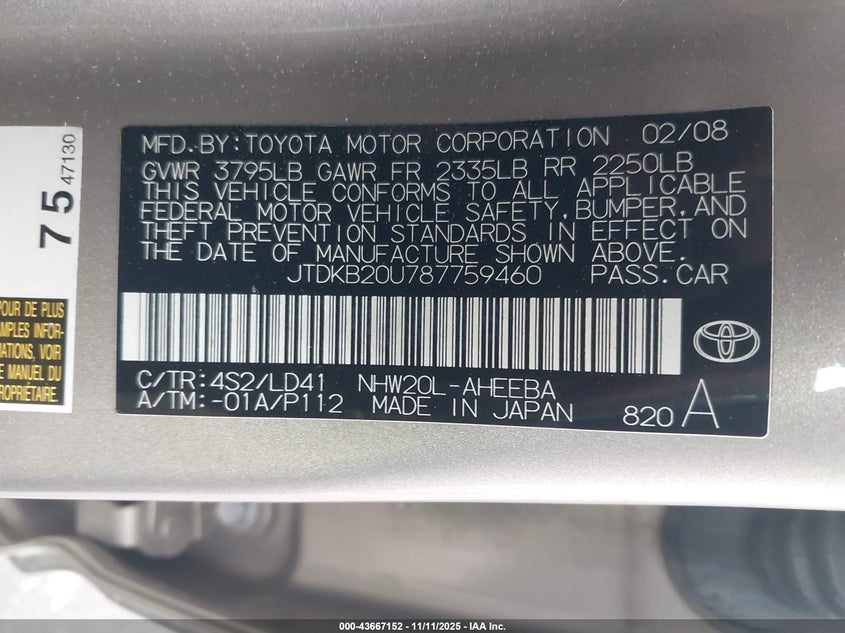 JTDKB20U787759460 2008 TOYOTA PRIUS photo no. 9