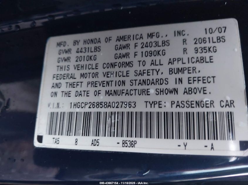 2008 Honda Accord 2.4 Ex-L VIN: 1HGCP26858A027963 Lot: 43667154