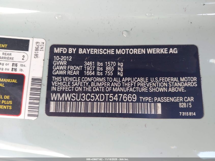 2013 Mini Hardtop Cooper VIN: WMWSU3C5XDT547669 Lot: 43667162