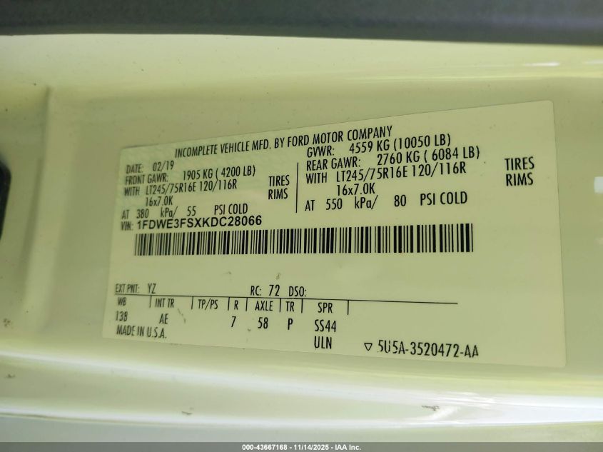 2019 Ford E-350 Cutaway VIN: 1FDWE3FSXKDC28066 Lot: 43667168