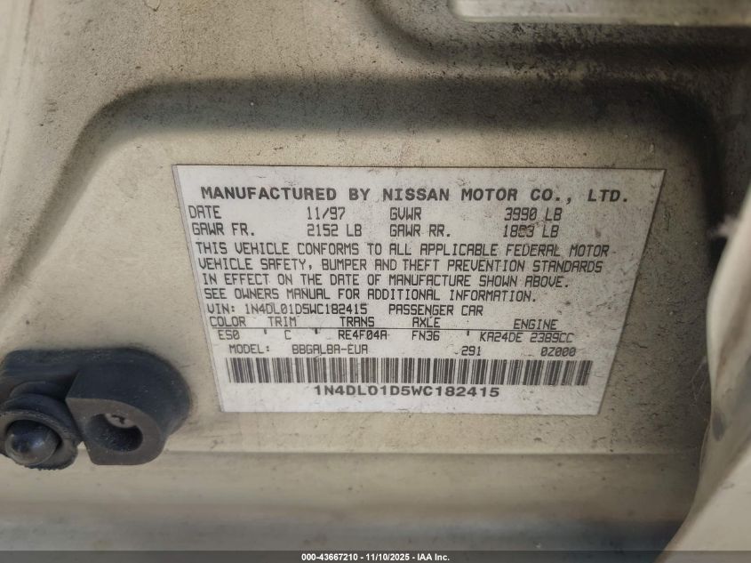 1998 Nissan Altima Gle/Gxe/Se/Xe VIN: 1N4DL01D5WC182415 Lot: 43667210