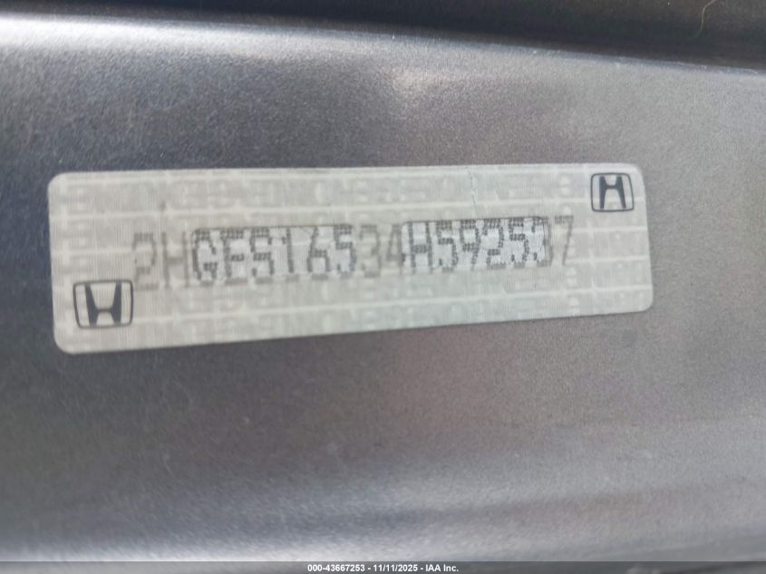 2004 Honda Civic Lx VIN: 2HGES16534H592537 Lot: 43667253