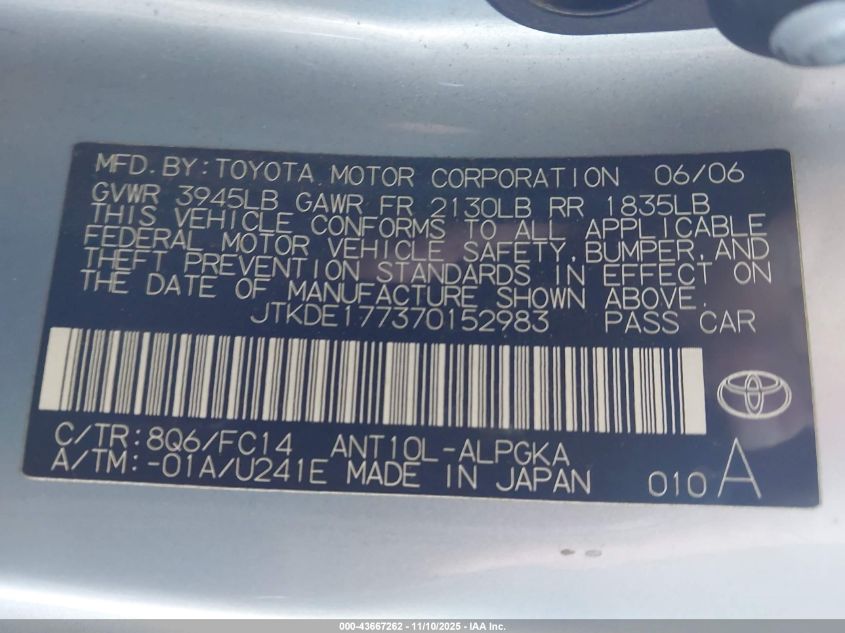 2007 Scion Tc VIN: JTKDE177370152983 Lot: 43667262