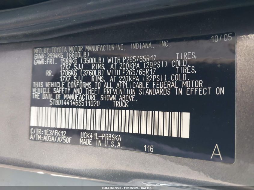 2006 Toyota Tundra Sr5 V8 VIN: 5TBDT44146S511020 Lot: 43667278