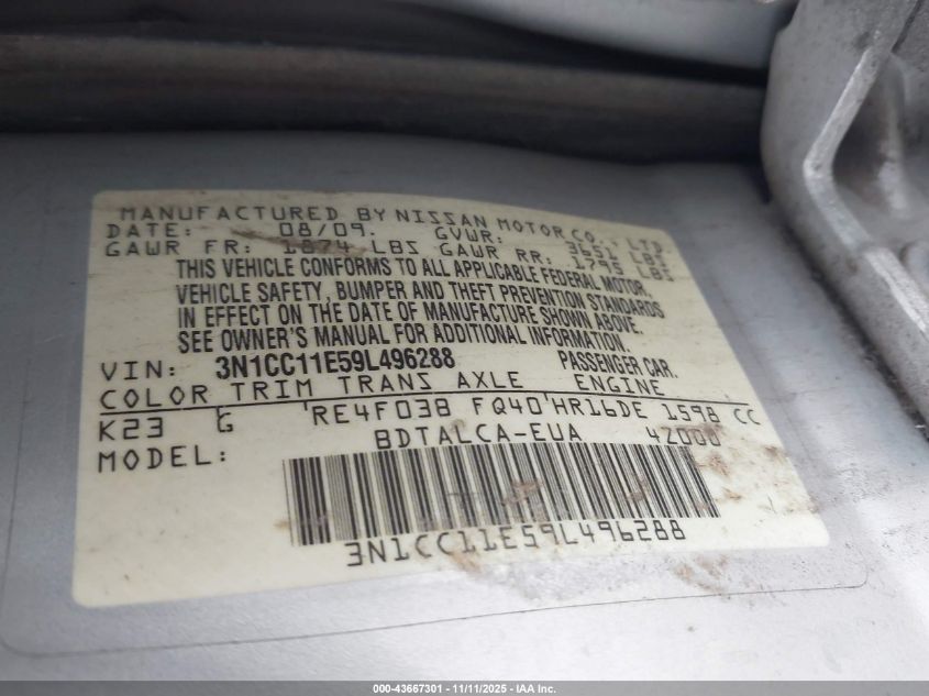 2009 Nissan Versa VIN: 3N1CC11E58L496288 Lot: 43667301