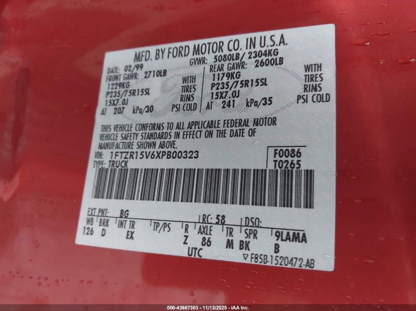 1999 Ford Ranger Xl/Xlt VIN: 1FTZR15V6XPB00323 Lot: 43667303