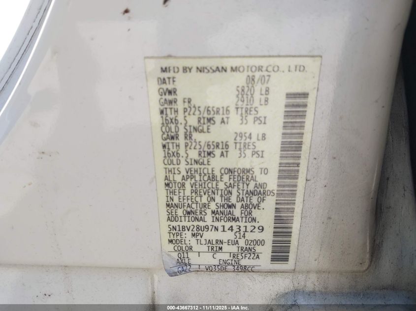 2007 Nissan Quest 3.5 VIN: 5N1BV28U97N143129 Lot: 43667312