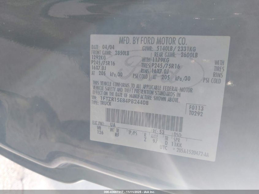 2004 Ford Ranger Xlt VIN: 1FTZR15E84PB24408 Lot: 43667317