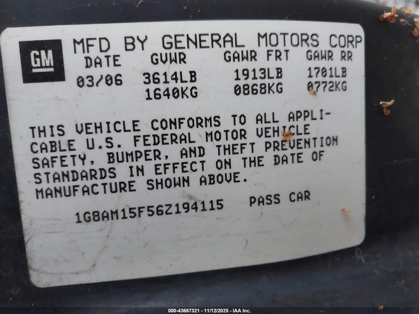 1G8AM15F56Z194115 2006 SATURN ION photo no. 9
