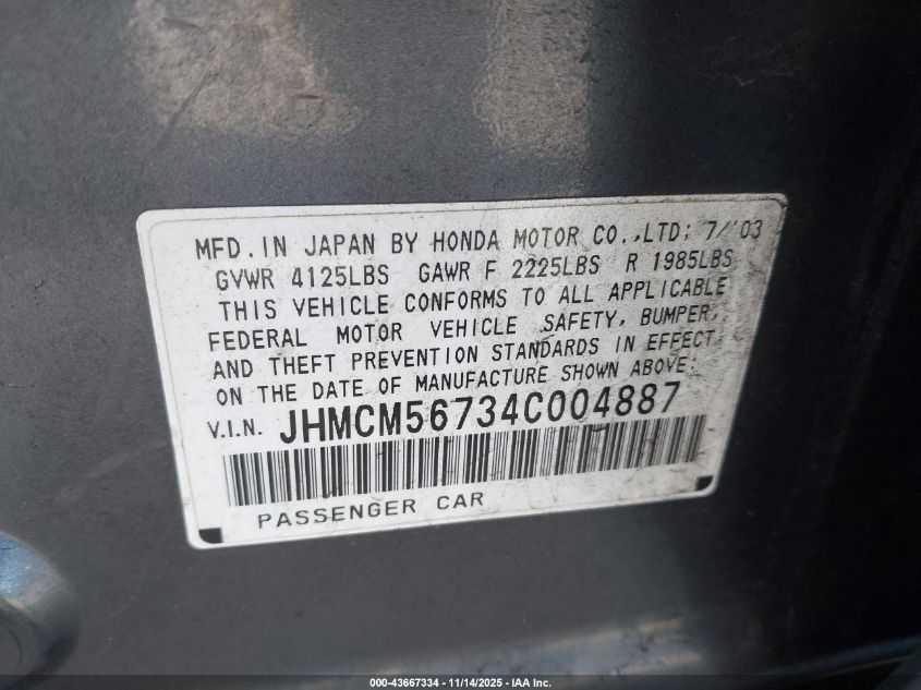 2004 Honda Accord 2.4 Ex VIN: JHMCM56734C004887 Lot: 43667334