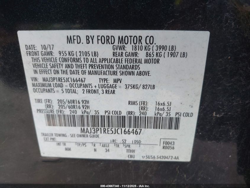 2018 Ford Ecosport S VIN: MAJ3P1RE5JC166467 Lot: 43667340