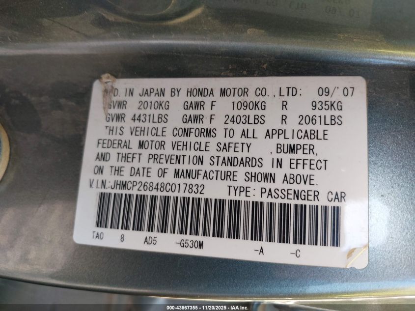 2008 Honda Accord 2.4 Ex-L VIN: JHMCP26848C017832 Lot: 43667355