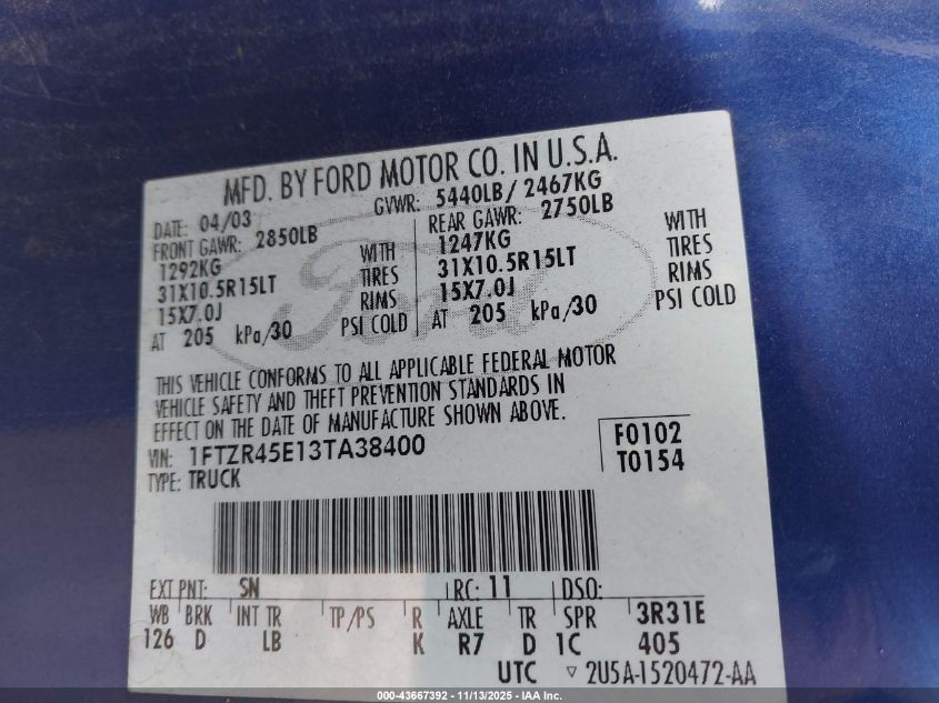 2003 Ford Ranger Edge/Xlt VIN: 1FTZR45E13TA38400 Lot: 43667392