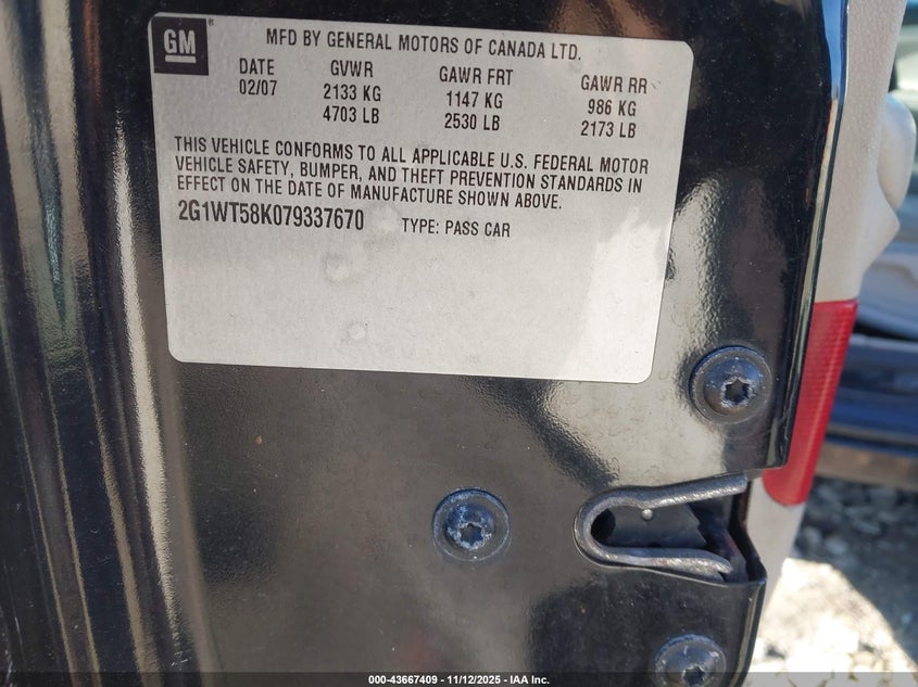 2G1WT58K079337670 2007 CHEVROLET IMPALA photo no. 9