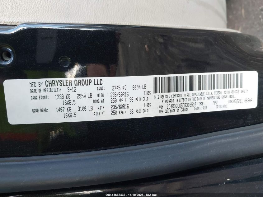 2012 Dodge Grand Caravan Sxt VIN: 2C4RDGCG5CR310510 Lot: 43667433