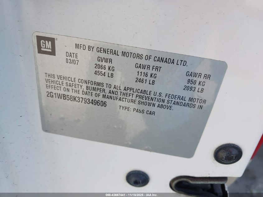 2007 Chevrolet Impala Ls VIN: 2G1WB58K379349606 Lot: 43667441