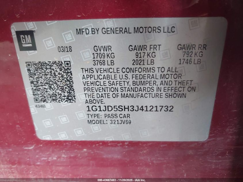 2018 Chevrolet Sonic Lt Auto VIN: 1G1JD5SH3J4121732 Lot: 43667483