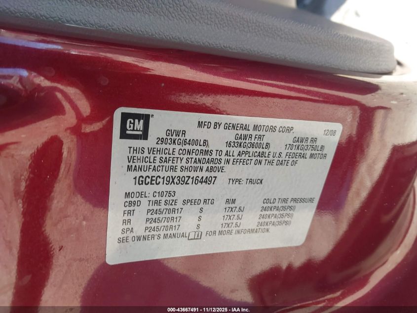 2009 Chevrolet Silverado 1500 Work Truck VIN: 1GCEC19X39Z164497 Lot: 43667491