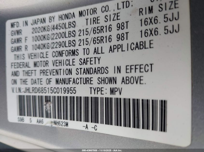 2005 Honda Cr-V Lx VIN: JHLRD68515C019955 Lot: 43667508