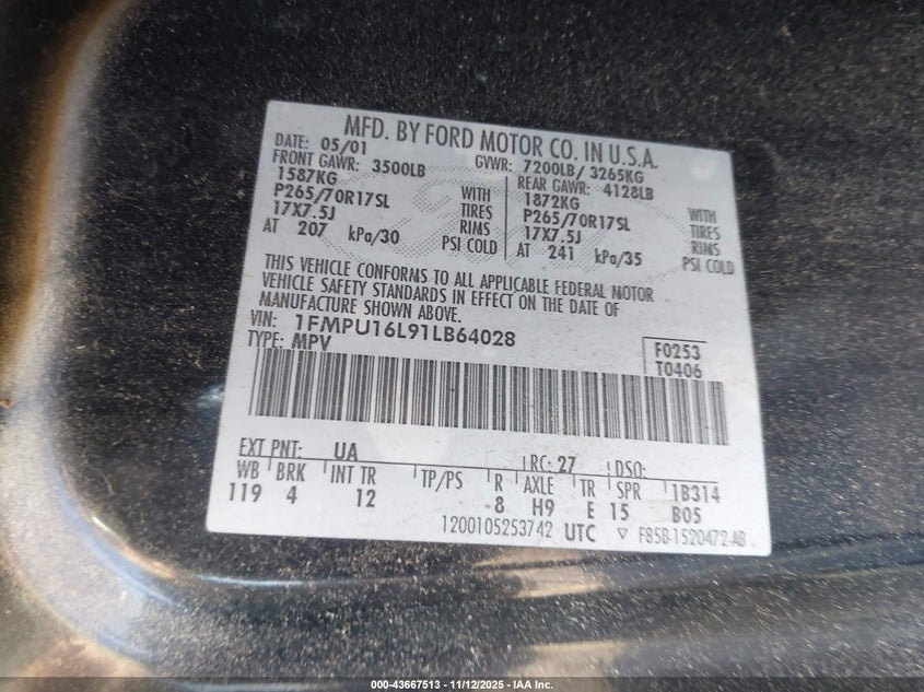 2001 Ford Expedition Xlt VIN: 1FMPU16L91LB64028 Lot: 43667513