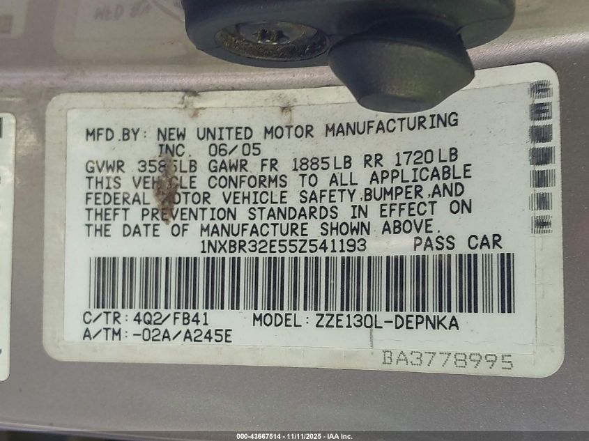 2005 Toyota Corolla Le VIN: 1NXBR32E55Z541193 Lot: 43667514