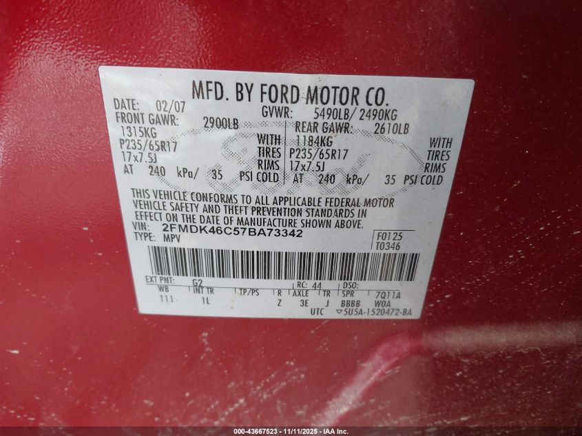 2007 Ford Edge Se VIN: 2FMDK46C57BA73342 Lot: 43667523