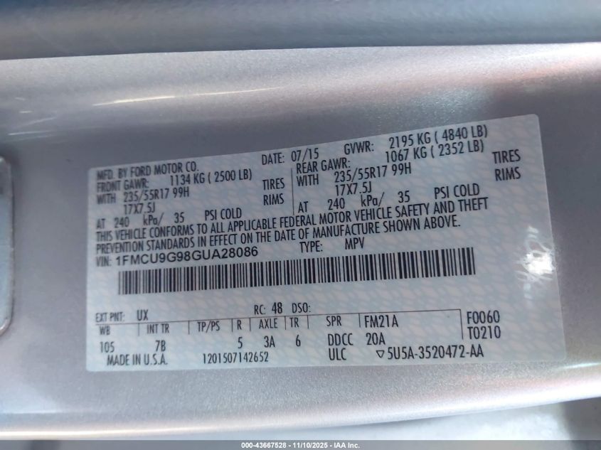 2016 Ford Escape Se VIN: 1FMCU9G98GUA28086 Lot: 43667528