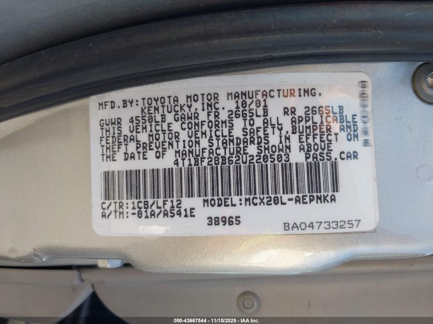 2002 Toyota Avalon Xl VIN: 4T1BF28B62U220503 Lot: 43667544