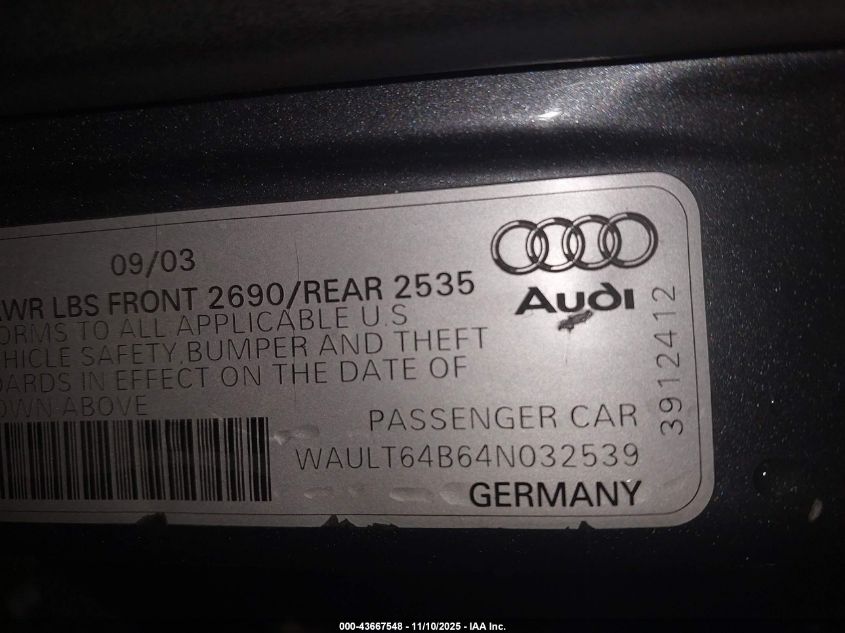 2004 Audi A6 3.0 VIN: WAULT64B64N032539 Lot: 43667548