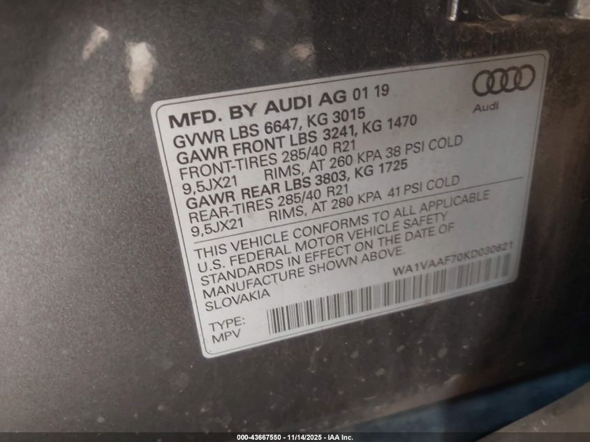 2019 Audi Q7 55 Premium VIN: WA1VAAF70KD030621 Lot: 43667550