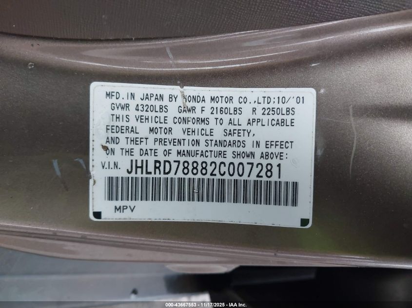 2002 Honda Cr-V Ex VIN: JHLRD78882C007281 Lot: 43667553