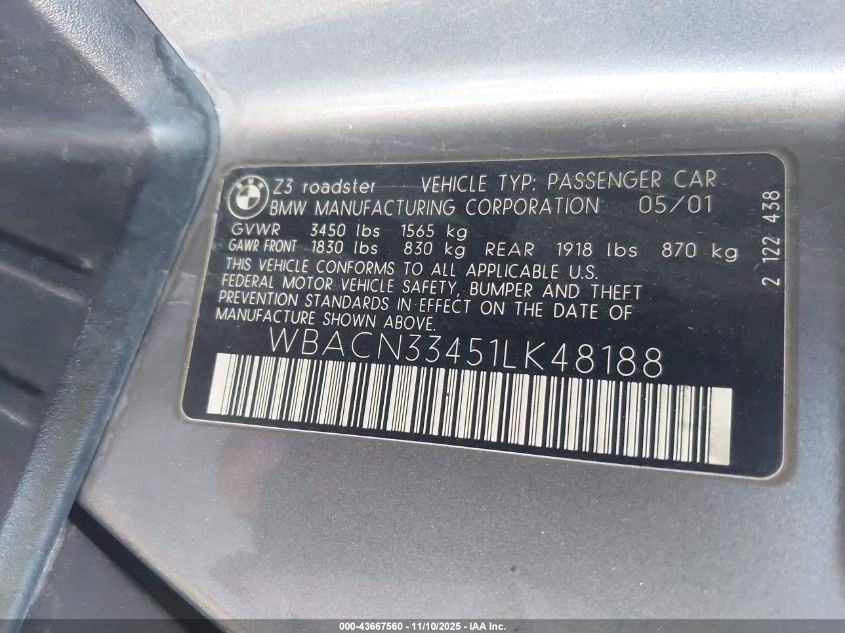 2001 BMW Z3 2.5I VIN: WBACN33451LK48188 Lot: 43667560