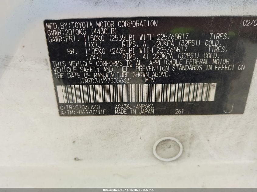 2007 Toyota Rav4 Limited VIN: JTMZD31V275056381 Lot: 43667575