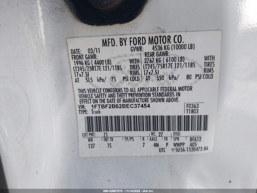2011 Ford F-250 Xl VIN: 1FTBF2B62BEC37454 Lot: 43667576