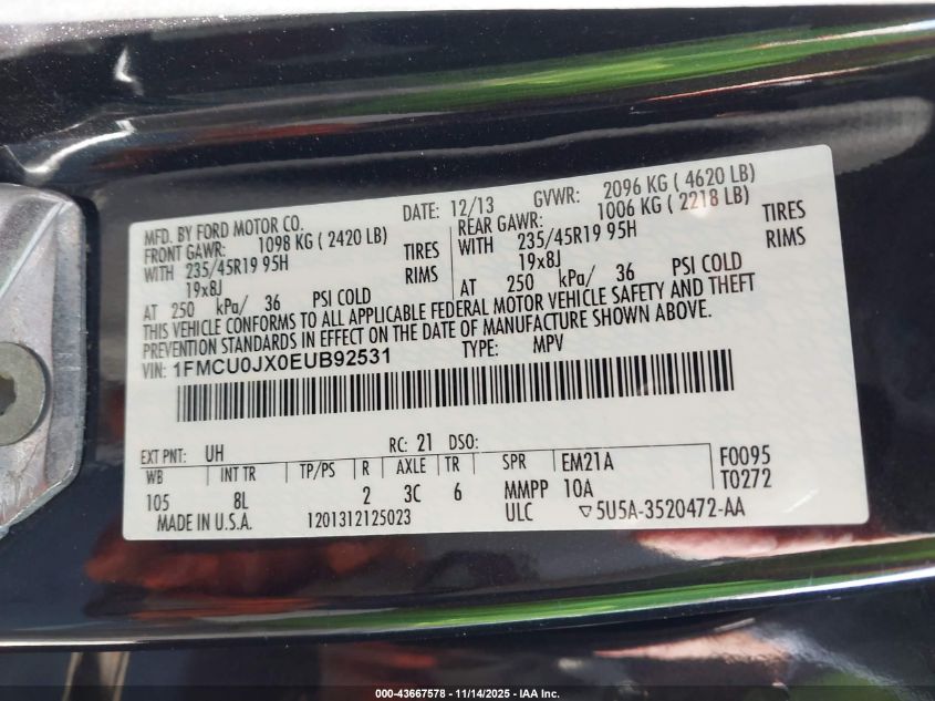 2014 Ford Escape Titanium VIN: 1FMCU0JX0EUB92531 Lot: 43667578