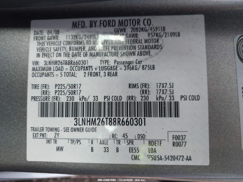 2008 Lincoln Mkz VIN: 3LNHM26T88R660301 Lot: 43667590