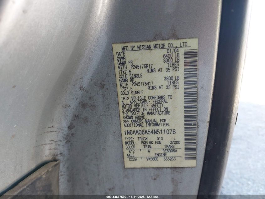 2004 Nissan Titan Xe VIN: 1N6AA06A54N511078 Lot: 43667592