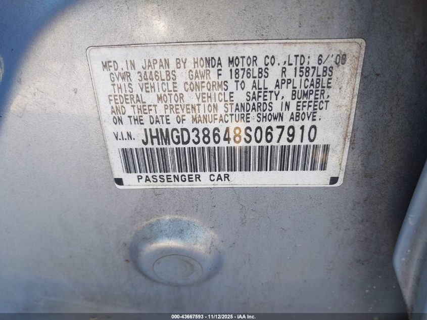 2008 Honda Fit Sport VIN: JHMGD38648S067910 Lot: 43667593