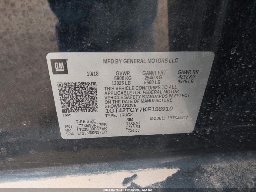 2019 GMC Sierra 3500Hd VIN: 1GT42TCY7KF156910 Lot: 43667594