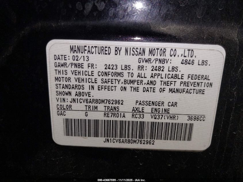 2013 Infiniti G37X VIN: JN1CV6AR8DM762962 Lot: 43667599