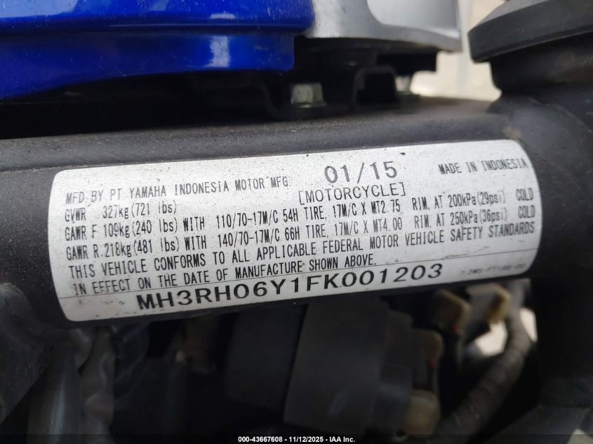 2015 Yamaha Yzfr3 VIN: MH3RH06Y1FK001203 Lot: 43667608