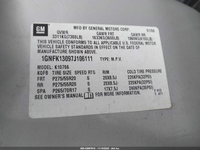 2007 Chevrolet Tahoe Lt VIN: 1GNFK13097J106111 Lot: 43667615