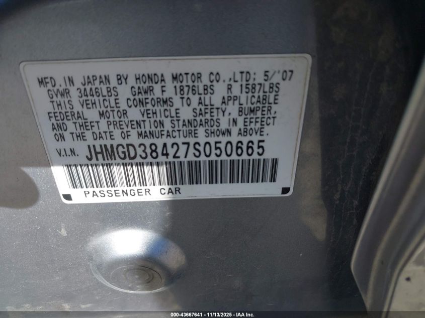2007 Honda Fit VIN: JHMGD38427S050665 Lot: 43667641